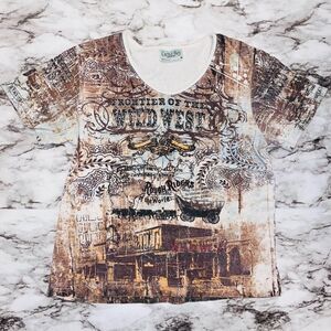 Cactus Bay Short Sleeve Shirt Graphic Wild West Tan Women M Western Cowgirl